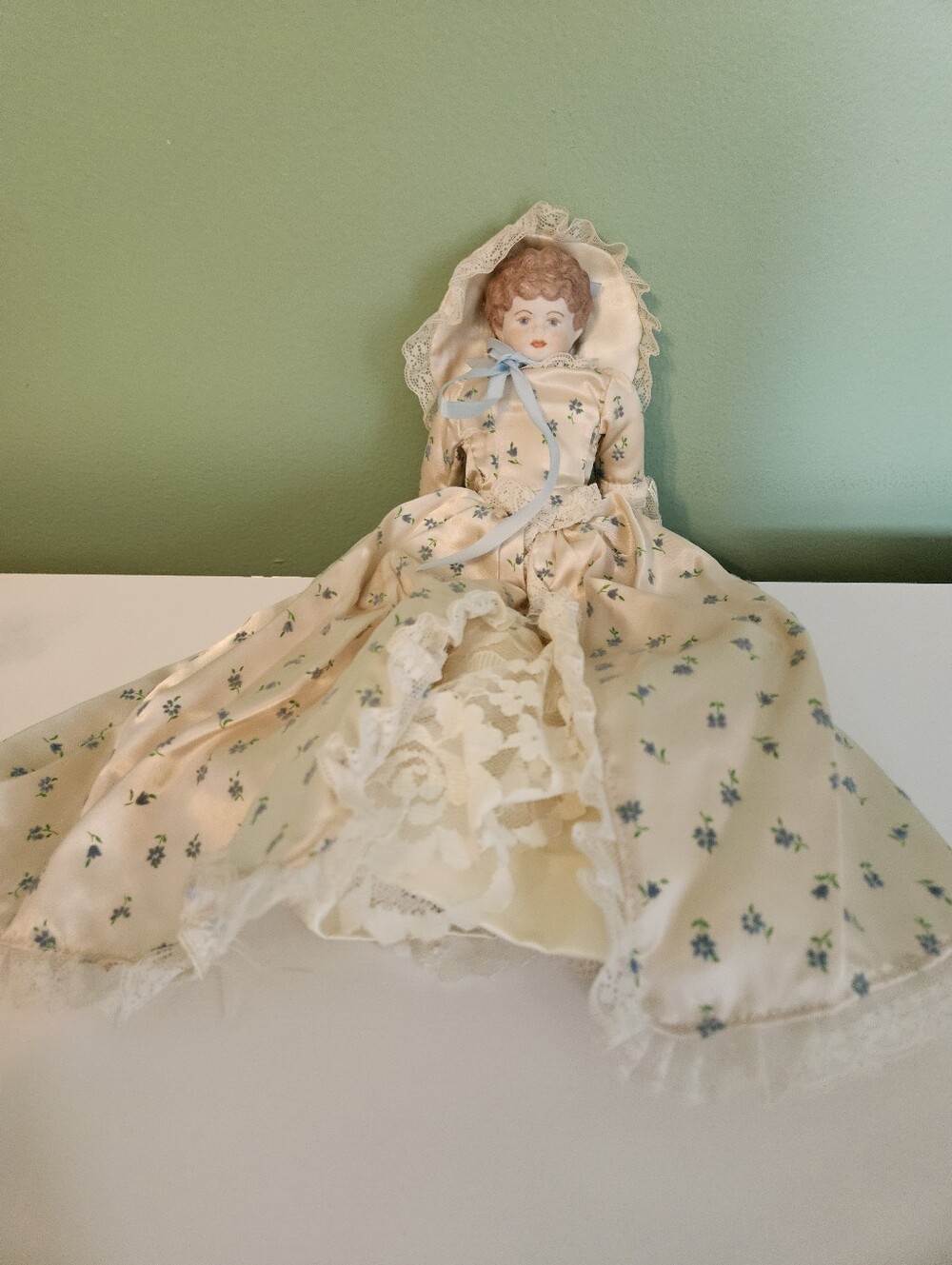 Vintage Hand Made Porcelain Doll in Cream Floral Dress